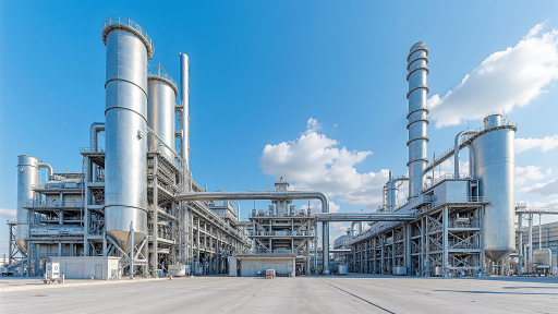 现代化工业厂房外观,大型工厂建筑,蓝天白云背景